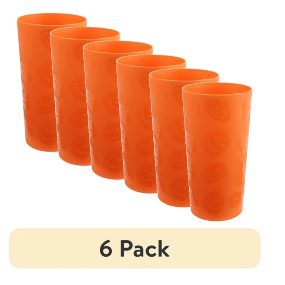 (6 pack) Mainstays 26 Ounce Round Plastic Etched Pumpkin Tumbler, Orange